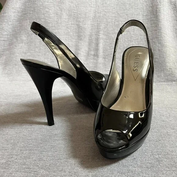 Guess Black Patent Leather Peep Toe Platform Heels.  Size 7M - Picture 11 of 12